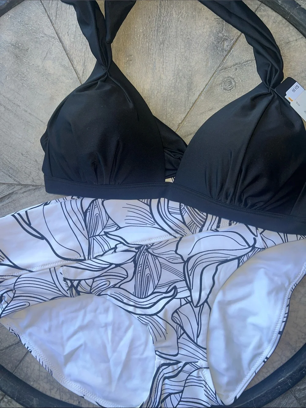 Black Halter Bikini Top with Floral Print Bottoms.  B11